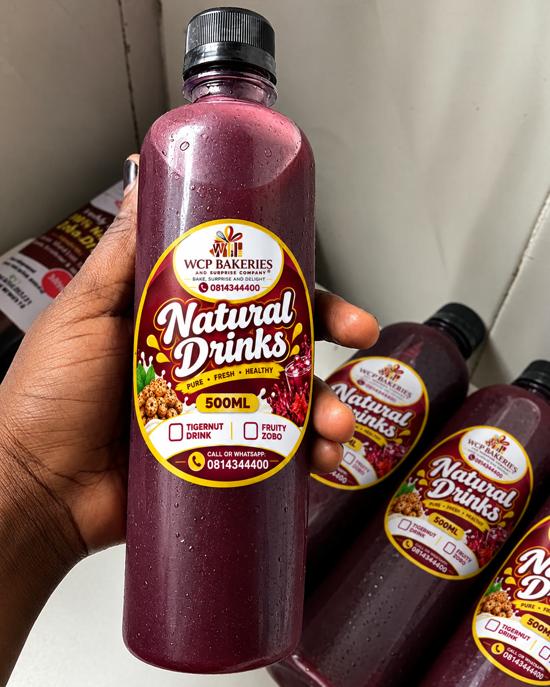 Bottles of WCP Natural Drinks, Fruity Zobo