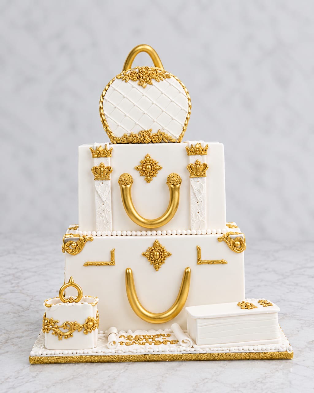 White and gold handbag-inspired wedding cake
